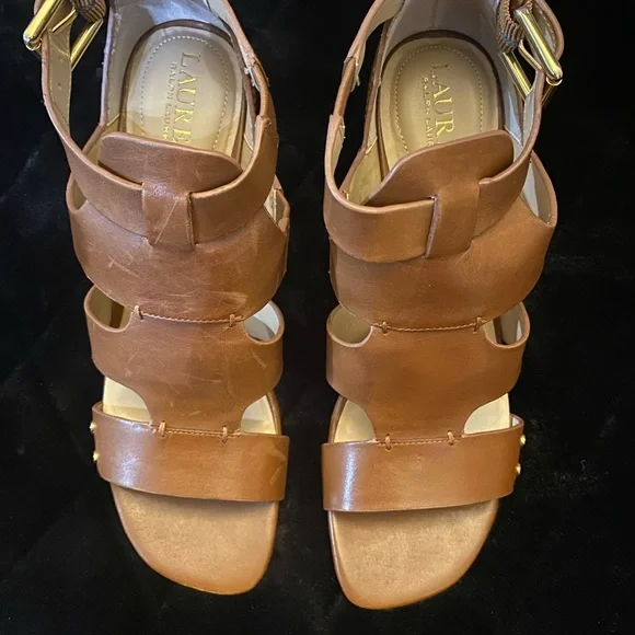 Ralph Lauren Tan Strappy Block Heels - Picture 3 of 9